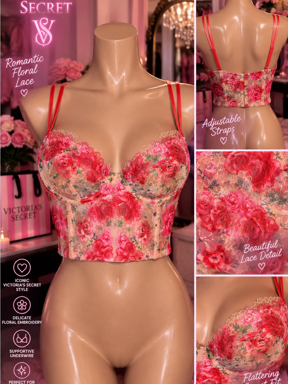 Victoria's Secret Pink & Red Floral Lace Longline Bra